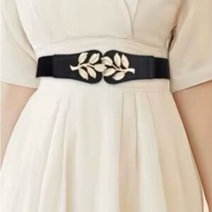 Elegant Black and Gold Leaf Elastic Belt
